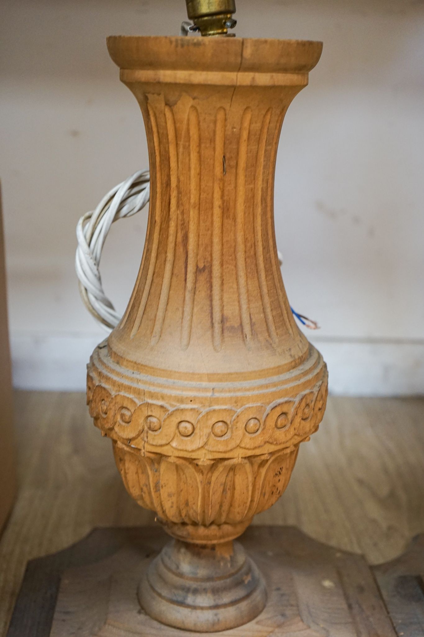 A pair of modern pine and beech carved classical vase form lamps, height 45cm
